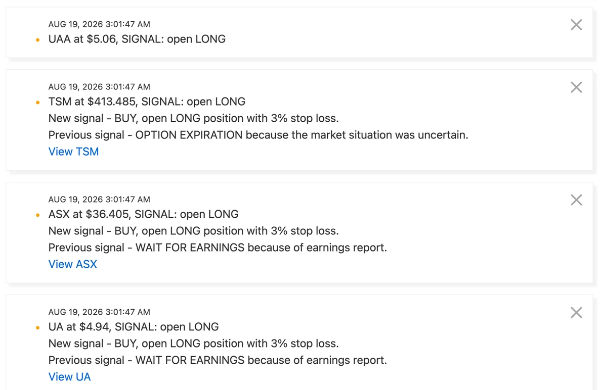 Tickeron notifications with updated AI trading signals